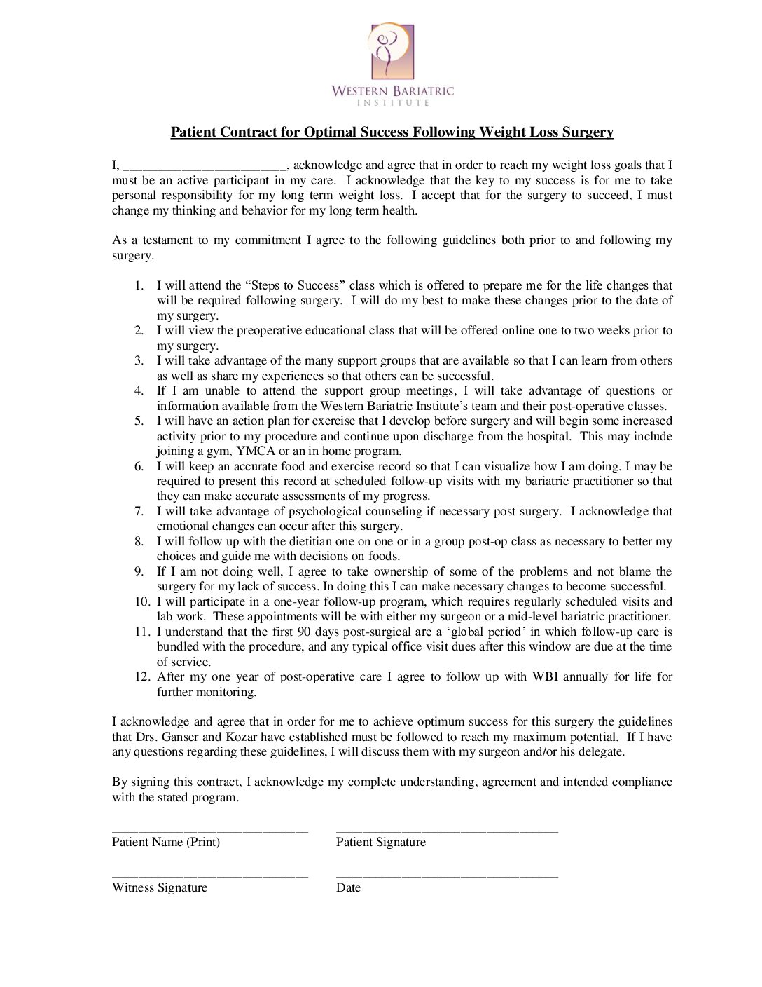 Patient Contract for Optimal Success Following Bariatric Surgery ’17