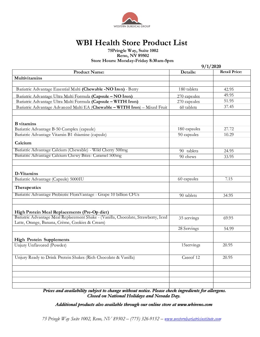 WBI Health Store Products and Pricing